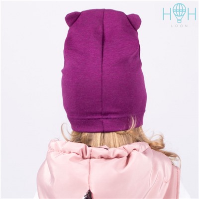 ШЛ20-47090481 Однослойная шапка с ушками медведя и нашивкой "Маленькое сердечко", фиолетовый