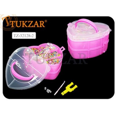 Цветные резиночки для плетения 3000 резинок + крючки,S-клипсы,рогатки, в пласт. контейнере "СЕРДЦЕ" розовый флуоресцентный 2 яруса TZ-32128-2 Tukzar