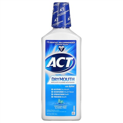 Act, Dry Mouth, фторсодержащий ополаскиватель для рта с ксилитолом, без спирта, успокаивающая мята, 532 мл (18 жидк. унций)