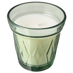 VÄLDOFT ВЭЛЬДОФТ, Ароматическая свеча в стакане, Утренняя роса/светло-зеленый, 8 см