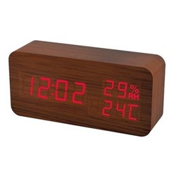 Часы будильник Perfeo PF-S736 WOOD", температура, влажность, коричн., красная подсветка (PF_A4391)"