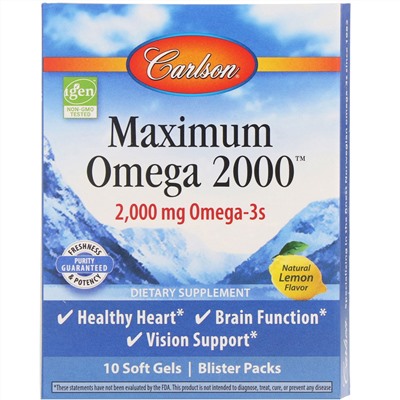 Carlson Labs, Maximum Omega 2000, Natural Lemon Flavor, 2,000 mg, 10 Pack, 10 Soft Gels Each