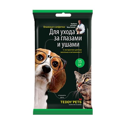 Влажные салфетки для животных Teddy Pets для ухода за глазами и ушами, 15шт