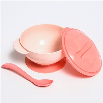 Набор для кормления: миска на присоске с крышкой, ложка, цвет розовый