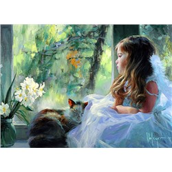 Девочка с котом у окна (испачкан холст)